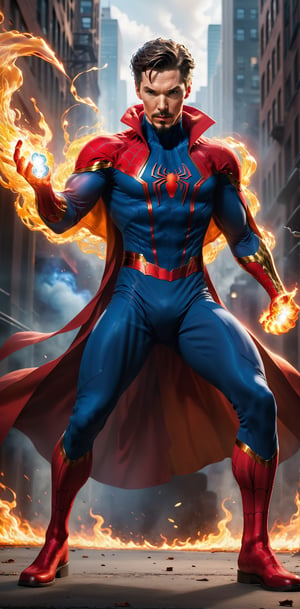 Imagine a dynamic scene featuring the combining of iconic Marvel Comics character, docter strange and spiderman. Visualize him engulfed in flames, radiating with fiery intensity. Craft a prompt for a super detailed, 32k Ultra HDR image capturing the essence of Human Torch's blazing presence – perfect face, flames, and dynamic pose. Choose a background that complements his character, creating a cinematic masterpiece with high realism and top-notch image quality