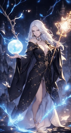 (wizard lady:0.8),(wielding a staff with a blue magic sphere emitting lightnings. The magic sphere is the only source of light. The lady is a beautiful 30 years old woman with a beautiful body and a serious face. Dirt and old scars on her tanned skin. Her robes is too tight for her.long messy white hair:1.5),(small wizard hat:0.6),shining hair,shining robes,(calestial background:0.8),(spark of fire and lightning:0.8),(red black robes:0.8),(black mages:0.8),robes with ornament,destruction land,blue aura,stars,hogwart castle on the background,magic shoop,EpicArt,Circle,1 girl,Wizard