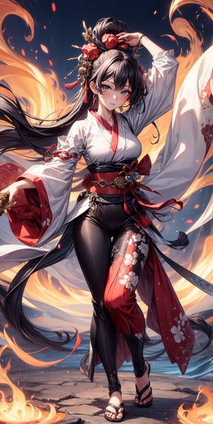 It is a full-body painting with natural colors with Katsushika Hokusai-style line drawings.。Kengo、1little girl、Japan Female Samurai。Rin々With a look of determination,、Long black hair and ponytail、The upper body is covered in a red kimono.、Hakama is Hakamajo。Japan holding a sword in both hands。Raising the arm above the head and trying to cut it off from the top of the head。With the highest quality、In the swirling flames of masterpiece high-resolution ukiyo-e style。beautiful countenance、beautidful eyes、detail portrayal、,girl