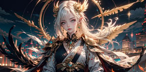 （（（tmasterpiece）））, （（（best qualtiy））））, offcial art, the Extremely Detailed CG Unity 8K Wallpapers, （（sketching）））, the night, Sateen, Beautiful detailed sky, intricate outfits, Gorgeous costumes, beautiful detailed water, GameCG, hugefilesize, sketching, 独奏, Girl, angelicales, long white hair, hair between eye, Hair behind the ears, white colored eyelashes, beatiful detailed eyes, expressionless eyes, gold eyes, half closed eyes, shoe, The halo, necklace, looking-down, Squat, blown hair, Feather ornament, leaf hair ornament, ln the forest, by lake, (（Bigchest）））, （（（golden robes）））, longer sleeves, bandagens, Black silk eye patch, elvish ears, （（（Golden wings）））, A giant phoenix, Phoenix wings, holy rays, High detailed , ellafreya,