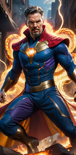 Imagine a dynamic scene featuring the combining of iconic Marvel Comics character, docter strange and thanos. Visualize him engulfed in flames, radiating with fiery intensity. Craft a prompt for a super detailed, 32k Ultra HDR image capturing the essence of Human Torch's blazing presence – perfect face, flames, and dynamic pose. Choose a background that complements his character, creating a cinematic masterpiece with high realism and top-notch image quality