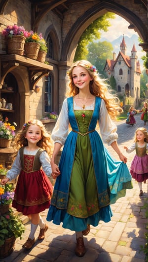 cartoon style (high resolution: 1.2),Happy moment, medieval mother and three daughters, go shopping at village market, cheer, bunnies and duck, beautiful detailed eyes, lush green garden, long flowing hair, traditional medieval clothes, castle in the background, soft natural light, portrait, realistic colors, tranquil atmosphere, immaculate details, classic oil painting, antique style, a moment frozen in time, subtle brushstrokes, vibrant hues, serene expressions, bond of love between mother and daughters , graceful poses, sunlight streaming through the trees, meticulous attention to detail, expression of tenderness and care, impressive depth and scale, majestic architecture, storybook atmosphere, caring presence of the mother, sparkling jewels and headdresses, triumphant but tender, antique tapestries and decorations, floral motifs and embroidery, draped fabrics and textures, delicate lace and ruffles, sumptuous banquet table in the castle, playful interaction between daughters, jewel-toned stained glass windows, flowers blooming lushly, butterflies and birds flutter around, stories and mysteries revealed, an enchanting tale of love and family. cute face.