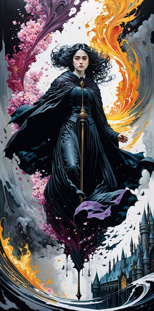Ultra-Wide angle shot, photorealistic of gothic medieval of thrilling fusion between Sakura and harry potter, resulting in a new character that embodies elements of both, people, seeBlack ink flow: 8k resolution photorealistic masterpiece: by Aaron Horkey and Jeremy Mann: intricately detailed fluid gouache painting: by Jean Baptiste Mongue: calligraphy: acrylic: colorful watercolor art, cinematic lighting, maximalist photoillustration: by marton bobzert: 8k resolution concept art intricately detailed, complex, elegant, expansive, fantastical, psychedelic realism, dripping paint