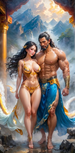 masterpiece, (couple cuddling) rough man Zeus muscular naked, beautiful, sexy, big breasts, cleavage, bare legs, see-through, standing, hanfu, wet, clear, realistic, highest detail, mythology, dragon pattern, phoenix, sacred, holy, golden mountains, heavenly palace, countless palaces, clouds, golden light
