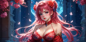 anime girl in a red transparent lace dress, fantasy art, a beautiful fantasy empress, big boobs,  pink lips, beautiful alluring anime woman, anime goddess, tiara, swirl bangs, seductive anime girl, extremely detailed artgerm, ((a beautiful fantasy empress)), angelic angel, very_long_hair,  braided_hair, a beautiful artwork illustration, beautiful fantasy anime,beautiful hands, (big boobs:1.5) , ella freya, sit on the stone with floral and flower blooming, cowboyshot,

dynamic background, star ocean, beautifull stary night, 4k resolution, masterpiece, best quality, Photorealistic, whimsical, illustration by MSchiffer, cinematic lighting, Hyper detailed, atmospheric, vibrant, dynamic studio lighting, wlop, Glenn Brown, Carne Griffiths, Alex Ross, artgerm and james jean, spotlight, fantasy, surreal