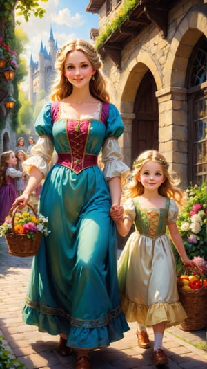 cartoon style (high resolution: 1.2),Happy moment, medieval mother and three daughters, go shopping at village market, cheer, bunnies and duck, beautiful detailed eyes, lush green garden, long flowing hair, traditional medieval clothes, castle in the background, soft natural light, portrait, realistic colors, tranquil atmosphere, immaculate details, classic oil painting, antique style, a moment frozen in time, subtle brushstrokes, vibrant hues, serene expressions, bond of love between mother and daughters , graceful poses, sunlight streaming through the trees, meticulous attention to detail, expression of tenderness and care, impressive depth and scale, majestic architecture, storybook atmosphere, caring presence of the mother, sparkling jewels and headdresses, triumphant but tender, antique tapestries and decorations, floral motifs and embroidery, draped fabrics and textures, delicate lace and ruffles, sumptuous banquet table in the castle, playful interaction between daughters, jewel-toned stained glass windows, flowers blooming lushly, butterflies and birds flutter around, stories and mysteries revealed, an enchanting tale of love and family. cute face.