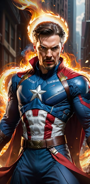 Imagine a dynamic scene featuring the combining of iconic Marvel Comics character, docter strange and captain america. Visualize him engulfed in flames, radiating with fiery intensity. Craft a prompt for a super detailed, 32k Ultra HDR image capturing the essence of Human Torch's blazing presence – perfect face, flames, and dynamic pose. Choose a background that complements his character, creating a cinematic masterpiece with high realism and top-notch image quality