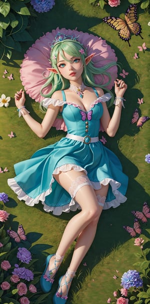 (best quality, masterpiece, illustration, designer, lighting), (extremely detailed CG 8k wallpaper unit), (detailed and expressive eyes), detailed particles, beautiful lighting, a cute girl, very long green/pink hair, wearing a a butterfly tiara, donning a beautiful pink/tosca and white dress with ruffles and lace, sheer carteus stockings, transparent aquamarine crystal shoes, bows around her waist (elf in forest), butterflies around, (Pixiv anime style),(manga style),background, garden, colored flowers,butterflies, flowers, flowers covering her, (aerial view), grass, leaning on flowers, lying down,  looking to viewer, flower background,road of flowers,drow,fashion_girl