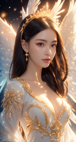 tmasterpiece,top-quality,best qualityer,offcial art,Beauty and aesthetics：1.2）,（tmasterpiece：1.3）, （8K, realisticlying, RAW photos, best qualtiy： 1.4）, beauitful face, （photorealiscic face）,超高分辨率, Ultra photo realsisim, highly  detailed, the golden ratio, （Award-winning digital artwork：1.3） af （sketching：1.3）,（with dynamism：1.3）,（Saturation：1.3）,（Cowboy shot：1.3）,illusory engine, (High detail: 1.9),（femele：1.4）,（big breasts beautiful： 1.4),(carismatic:1.3),Huge white wings,Large breasts,long white robe,complex patterns,Glowing Bible,mystic symbols,The background is a cross,Starcloud,solar eclipse,extreme light,space