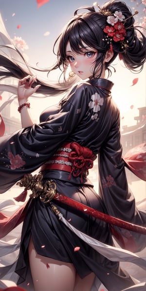 It is a full-body painting with natural colors with Katsushika Hokusai-style line drawings.。Kengo、1little girl、Japan Female Samurai。Rin々With a look of determination,、Long black hair and ponytail、The upper body is covered in a red kimono.、Hakama is Hakamajo。Japan holding a sword in both hands。Raising the arm above the head and trying to cut it off from the top of the head。With the highest quality、In the swirling flames of masterpiece high-resolution ukiyo-e style。beautiful countenance、beautidful eyes、detail portrayal、,girl