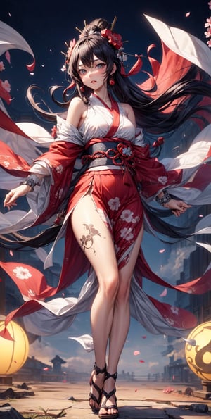 It is a full-body painting with natural colors with Katsushika Hokusai-style line drawings.。Kengo、1little girl、Japan Female Samurai。Rin々With a look of determination,、Long black hair and ponytail、The upper body is covered in a red kimono.、Hakama is Hakamajo。Japan holding a sword in both hands。Raising the arm above the head and trying to cut it off from the top of the head。With the highest quality、In the swirling flames of masterpiece high-resolution ukiyo-e style。beautiful countenance、beautidful eyes、detail portrayal、
