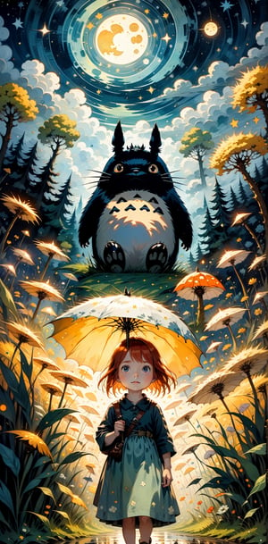 fine art,  oil painting, 
.
two parts in one art, double exposure, best quality, dark tales,   close up cute tiny ginger-haired girl and big detailed  Totoro  in a rye field under Van Gogh starry sky,  
.
forest, detailed face, big eyes Craola, D
.
an Mumford, Andy Kehoe, 2d, flat, cute, adorable, vintage, art on a cracked paper, fairytale, storybook detailed illustration, cinematic, ultra highly detailed, tiny details, beautiful details, mystical, luminism, vibrant colors, complex background,more detail XL,girl