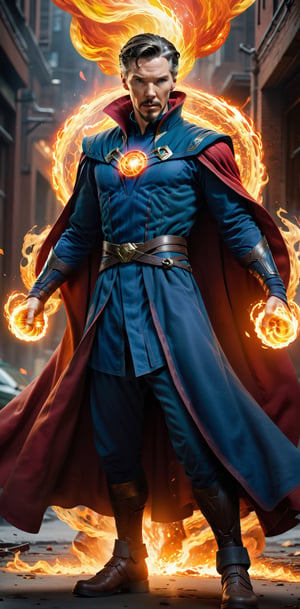 Imagine a dynamic scene featuring the iconic Marvel Comics character, docter strange. Visualize him engulfed in flames, radiating with fiery intensity. Craft a prompt for a super detailed, 32k Ultra HDR image capturing the essence of Human Torch's blazing presence – perfect face, flames, and dynamic pose. Choose a background that complements his character, creating a cinematic masterpiece with high realism and top-notch image quality