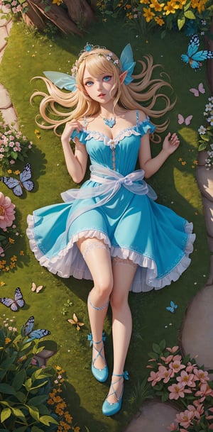 (best quality, masterpiece, illustration, designer, lighting), (extremely detailed CG 8k wallpaper unit), (detailed and expressive eyes), detailed particles, beautiful lighting, a cute girl, long blonde hair, wearing a teddy bear tiara, donning a beautiful blue and white dress with ruffles and lace, sheer pink stockings, transparent aquamarine crystal shoes, bows around her waist (elf in forest), butterflies around, (Pixiv anime style),(manga style),background, garden, colored flowers,butterflies, flowers, flowers covering her, (aerial view), grass, leaning on flowers, lying down,  looking to viewer, flower background,road of flowers,drow,fashion_girl