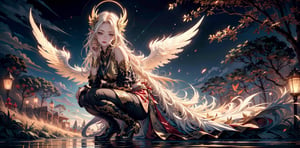 （（（tmasterpiece）））, （（（best qualtiy））））, offcial art, the Extremely Detailed CG Unity 8K Wallpapers, （（sketching）））, the night, Sateen, Beautiful detailed sky, intricate outfits, Gorgeous costumes, beautiful detailed water, GameCG, hugefilesize, sketching, 独奏, Girl, angelicales, long white hair, hair between eye, Hair behind the ears, white colored eyelashes, beatiful detailed eyes, expressionless eyes, gold eyes, half closed eyes, shoe, The halo, necklace, looking-down, Squat, blown hair, Feather ornament, leaf hair ornament, ln the forest, by lake, (（Bigchest）））, （（（golden robes）））, longer sleeves, bandagens, Black silk eye patch, elvish ears, （（（Golden wings）））, A giant phoenix, Phoenix wings, holy rays, High detailed , ellafreya,