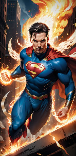 Imagine a dynamic scene featuring the combining of iconic Marvel Comics character, docter strange and superman. Visualize him engulfed in flames, radiating with fiery intensity. Craft a prompt for a super detailed, 32k Ultra HDR image capturing the essence of Human Torch's blazing presence – perfect face, flames, and dynamic pose. Choose a background that complements his character, creating a cinematic masterpiece with high realism and top-notch image quality