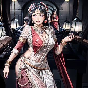 ultra realistic 8k cg, picture-perfect face, flawless, clean, masterpiece, professional artwork, famous artwork, cinematic lighting, cinematic bloom, perfect face, beautiful face,(huge flashy boobs:1.4, nipple outline, camel toe), (skindentation), thick thighs, wide hips, narrow waist, deep cleavage, beautiful clothes, transparent sari, transparent lace, lace trim, nsfw, indian, very long hair, (rich:1.4), prestige, luxury, jewelry, intricate detail, delicate pattern, seductive, erotic, enchanting, hair ornament, necklace, earrings, bracelet, armlet, looking at viewer, full body view, revealing, exposing,hinata\(shippuden\),Saree