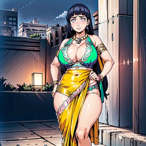 ultra realistic 8k cg, picture-perfect face, flawless, clean, masterpiece, professional artwork, famous artwork, cinematic lighting, cinematic bloom, perfect face, beautiful face,(huge boobs:1.4, camel toe), (skindentation), thick thighs, wide hips, narrow waist, deep cleavage, beautiful clothes, light green sari, sky blue lace, lace trim, indian, very long hair, (rich:1.4), prestige, luxury, jewelry, intricate detail, delicate pattern, seductive, erotic, enchanting, hair ornament, necklace, earrings, bracelet, armlet, looking at viewer, full body view,hinata\(shippuden\),Saree, (COLOR saree)
