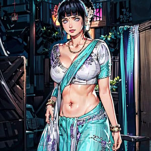 ultra realistic 8k cg, picture-perfect face, flawless, clean, masterpiece, professional artwork, famous artwork, cinematic lighting, cinematic bloom, perfect face, beautiful face,(huge boobs:1.4, camel toe), (skindentation), thick thighs, wide hips, narrow waist, deep cleavage, beautiful clothes, light green sari, sky blue lace, lace trim, indian, very long hair, (rich:1.4), prestige, luxury, jewelry, intricate detail, delicate pattern, seductive, erotic, enchanting, hair ornament, necklace, earrings, bracelet, armlet, looking at viewer, full body view,hinata\(shippuden\),Saree, (COLOR saree),realistic