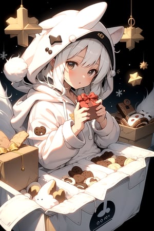 childish musical note background, 1 little girl, (White fluffy hoodie coat:1.3), Christmas, dynamic angle,box made of cookies