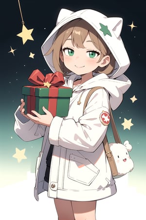 1 little girl wearing a white fluffy hooded coat smiles with a green gift box, twinkle star background