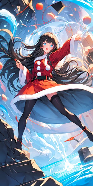 absurdres, highres, ultra detail background, (1 girl:1.3), (dynamic angle:1.4),
BREAK
(long straight hair, blunt bangs, black hair:1.2), (oversized santa outfit:1.2), light blue eyes, (stream function wired:1.4)