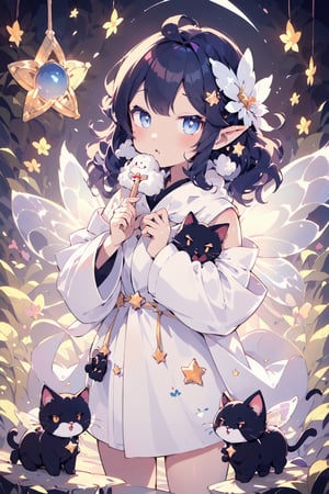 acrylic color, cute, kawaii, (fuwafuwa illustration:1.6),
BREAK
black cat, black robe, star stick, fairy tone, fairy