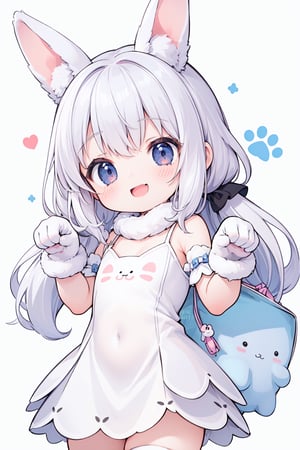 (1 little girl:1.4),  smile,  open mouth, white rabbit gloves, paw pose, 
(cute illustration:1.2),  (fuwafuwa illustration:1.2),  white background