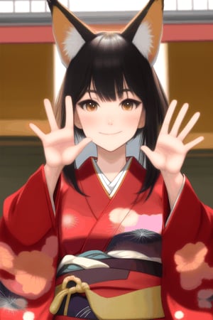 japanese kimono, waving hands, fox ears