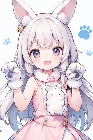 (1 little girl:1.4),  smile,  open mouth, white rabbit gloves, paw pose, 
(cute illustration:1.2),  (fuwafuwa illustration:1.2),  white background