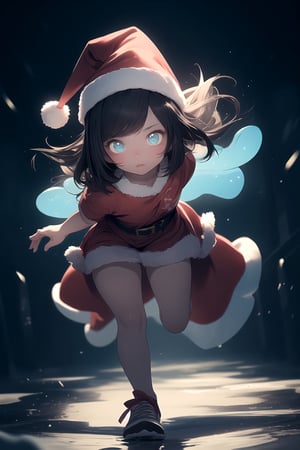beautiful , full body, plush skin, fantasy, subsurface scattering, perfect anatomy, glow, bloom, bioluminescent liquid, zen style, cinematic still, vibrant, volumetric light (beauty and aesthetics: 1.2), (1girl), extremely detailed, christmas_hat, detailed eyes, baby face, perfect body, five fingers, perfect hands, (running:1.4)