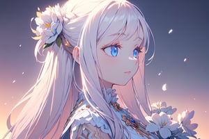 masterpiece, best quality, extremely detailed, Animated character, Female profile, Delicate features, Flowers in hair,Serene expression, Slightly downcast eyes, Soft skin texture, Ear visible, White attire, Subtle gradient background, High resolution, Realistic rendering.