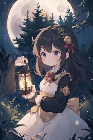 deep forest, aesthetic, (crhistmas feilds), moonlight, film lighting, high_resolution, (high_quality), best quality, figure holding a lantern, anbient lighting, long_sleeves, hair_past_waist, pauldron ,Cute girl