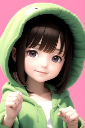 1 little girl wearing a white fluffy hooded coat smiles with a green gift box, twinkle star background