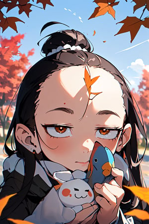 (masterpiece, absurdres, highres, ultra detailed:1.2), cute illustration, kawaii, (fuwafuwa ilustration:1.4),
BREAK
1 girl, (forehead:1.5), Under a tree with autumn leaves and a blue sky, looking up, (cute fish;1.2) flying in the sky