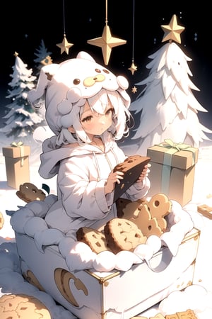 childish musical note background, 1 little girl, (White fluffy hoodie coat:1.3), Christmas, dynamic angle,box made of cookies