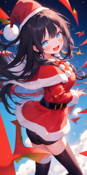 absurdres, highres, ultra detail background, (1 girl:1.3), (dynamic angle:1.4),
BREAK
(long straight hair, blunt bangs, black hair:1.2), (oversized santa outfit:1.2), light blue eyes, frown, (smile, open mouth :1.3), looking at viewer