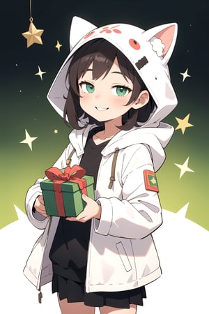 1 little girl wearing a white fluffy hooded coat smiles with a green gift box, twinkle star background