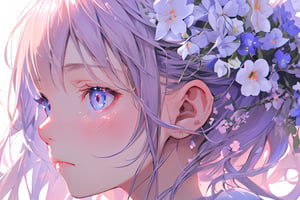 masterpiece, best quality, extremely detailed, Animated character, Female profile, Delicate features, Flowers in hair,Serene expression, Slightly downcast eyes, Soft skin texture, Ear visible, White attire, Subtle gradient background, High resolution, Realistic rendering.