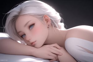 masterpiece, best quality, extremely detailed, Female profile, Delicate features, Serene expression, Slightly sleepy eyes, Soft skin texture, Ear visible, White attire, Subtle gradient background, High resolution, Realistic rendering, on the bed