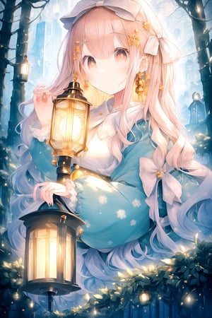 deep forest, aesthetic, bell ribbon feilds, city light, film lighting, high_resolution, (high_quality), best quality, figure holding a lantern, anbient lighting, long_sleeves, hair_past_waist, crhistmas notes, pauldron 