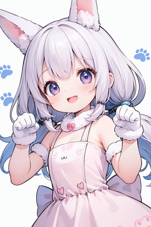 (1 little girl:1.4),  smile,  open mouth, white rabbit gloves, paw pose, 
(cute illustration:1.2),  (fuwafuwa illustration:1.2),  white background