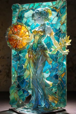 sss, A figurine of a woman made out of glass holding a board. BREAK Full body shot with an iridescent stained glass background. Best quality score_9, with insane detail in a realistic anime style with vivid colors.