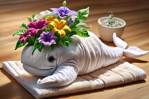 DonMT0w31XL towel. A whale and potted petunia made out of towels. Best quality score_9, with vivid colors in a realistic style.