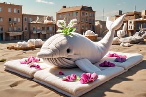DonMT0w31XL towel. A whale made out of towels. A bowl of petunias made out of towels. Abandoned towel city background. Best quality score_9, with vivid colors in a realistic style.