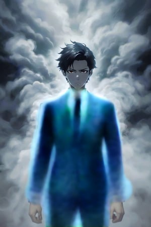 Misty fog suit. A young man wearing a suit made out of fog. Supernatural and uncanny background. Best quality score_9, with insane details and deep colors in a realistic anime style.