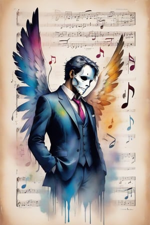 Angel of music man in a suit with a phantom mask and large wings. Music notes and sheet music. Best quality score_9, with insane detail in a minimalistic anime style with vivid colors.