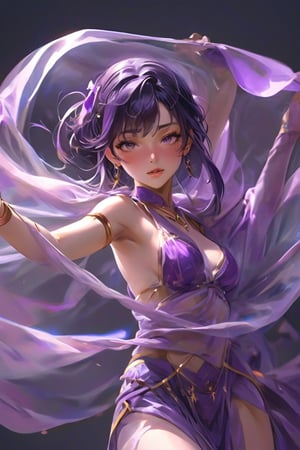 A woman in a pruple harem outfit with a transparent veil. Dynamic pose and camera angle, displaying the grace and sensuality of the dancer. Best quality score_9, with insane details and vivid colors in a realistic anime style.