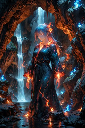 fire element. A blue fire woman (composed of fire elements:1.2) in a black bath robe. Waterfall cave background. Best quality score_9 with very aesthetic vivid colors in a (realistic:0.9) (anime:1.1) style.