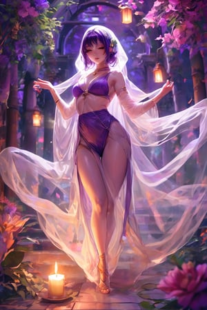 A woman in a pruple harem outfit with a transparent veil. Dynamic pose and camera angle, displaying the grace and sensuality of the dancer. Candle lit garden background with flowers. Best quality score_9, with insane details and vivid colors in a realistic anime style.
